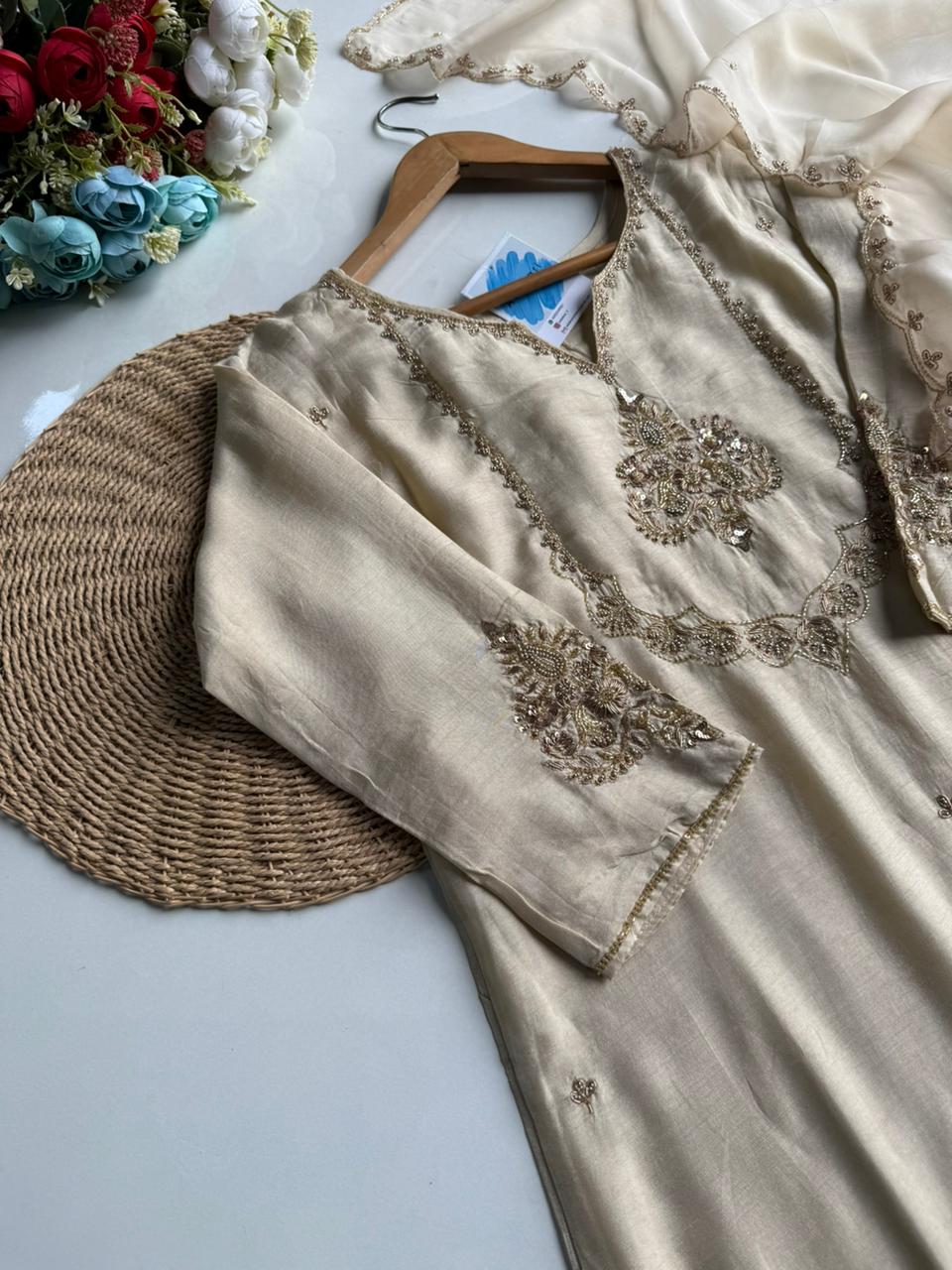 Elegant Ivory/Cream Silk Blend Suit Set