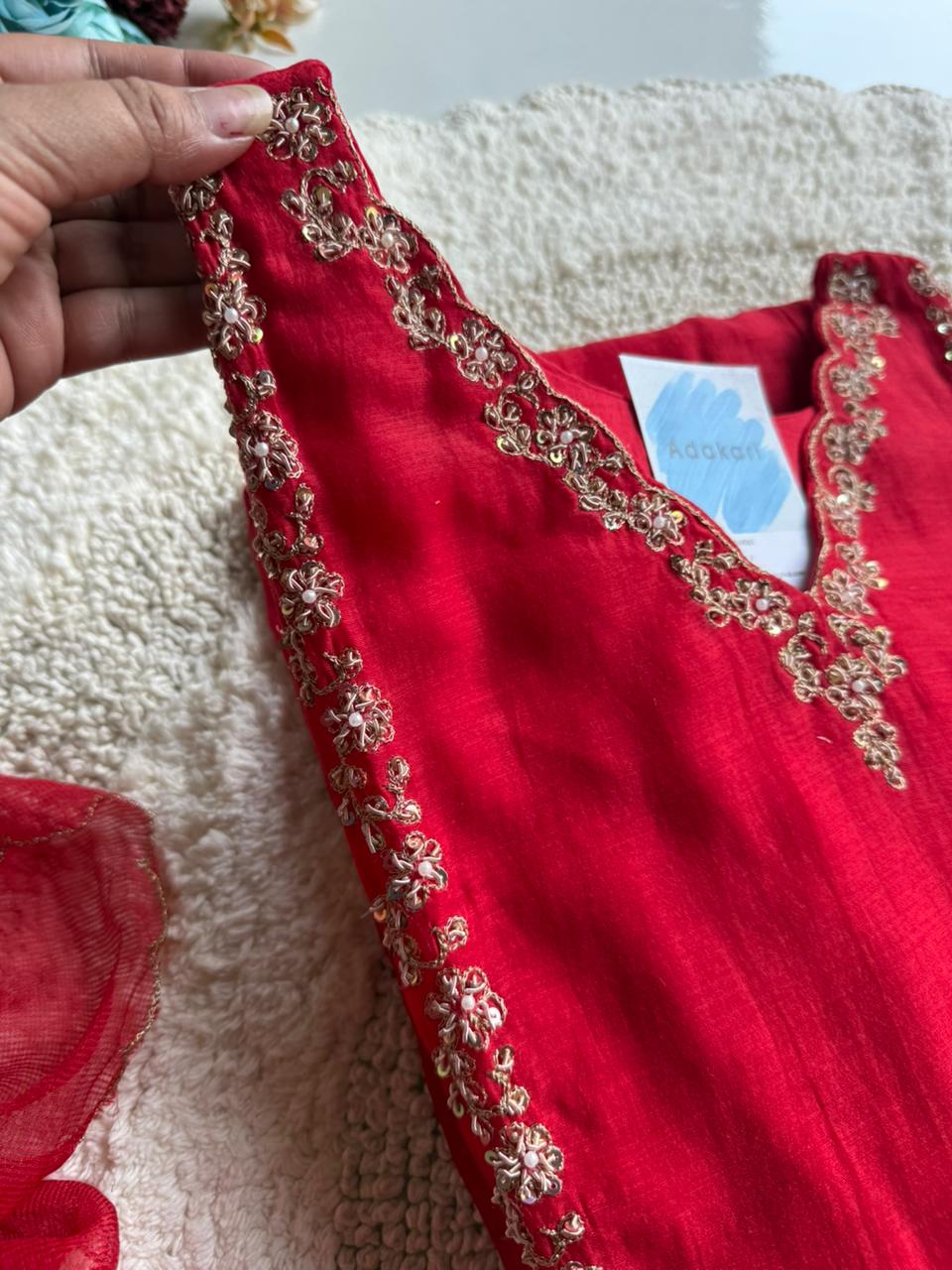 PRASANNA MUL ✨ Festive Red Mul chanderi Suit with Gold Work