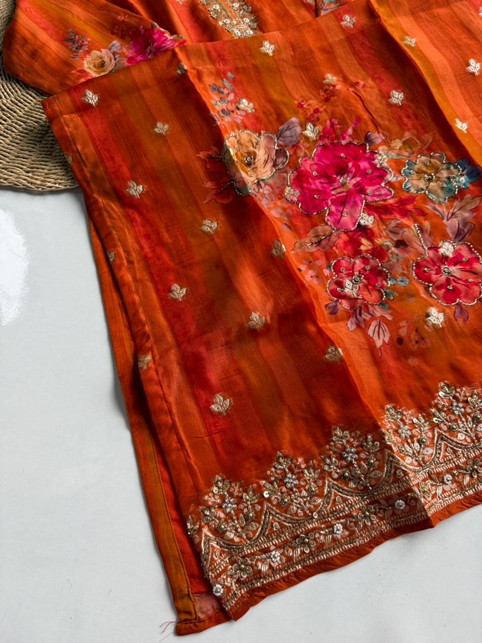 Vibrant Orange Silk Blend Suit Set