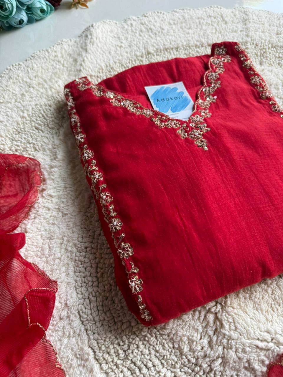 PRASANNA MUL ✨ Festive Red Mul chanderi Suit with Gold Work