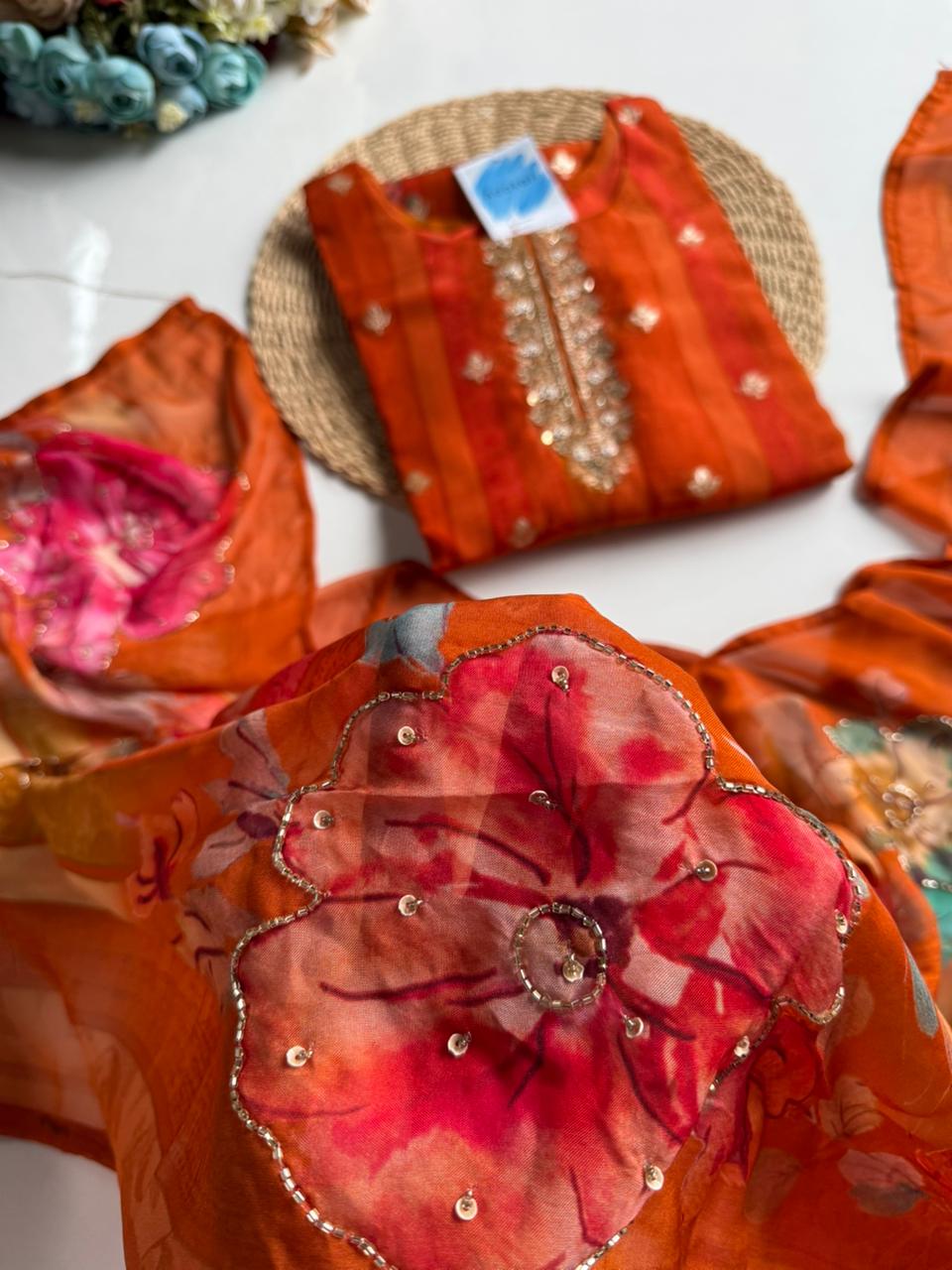 Vibrant Orange Silk Blend Suit Set