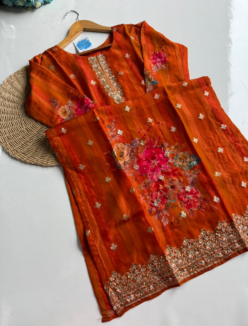 Vibrant Orange Silk Blend Suit Set