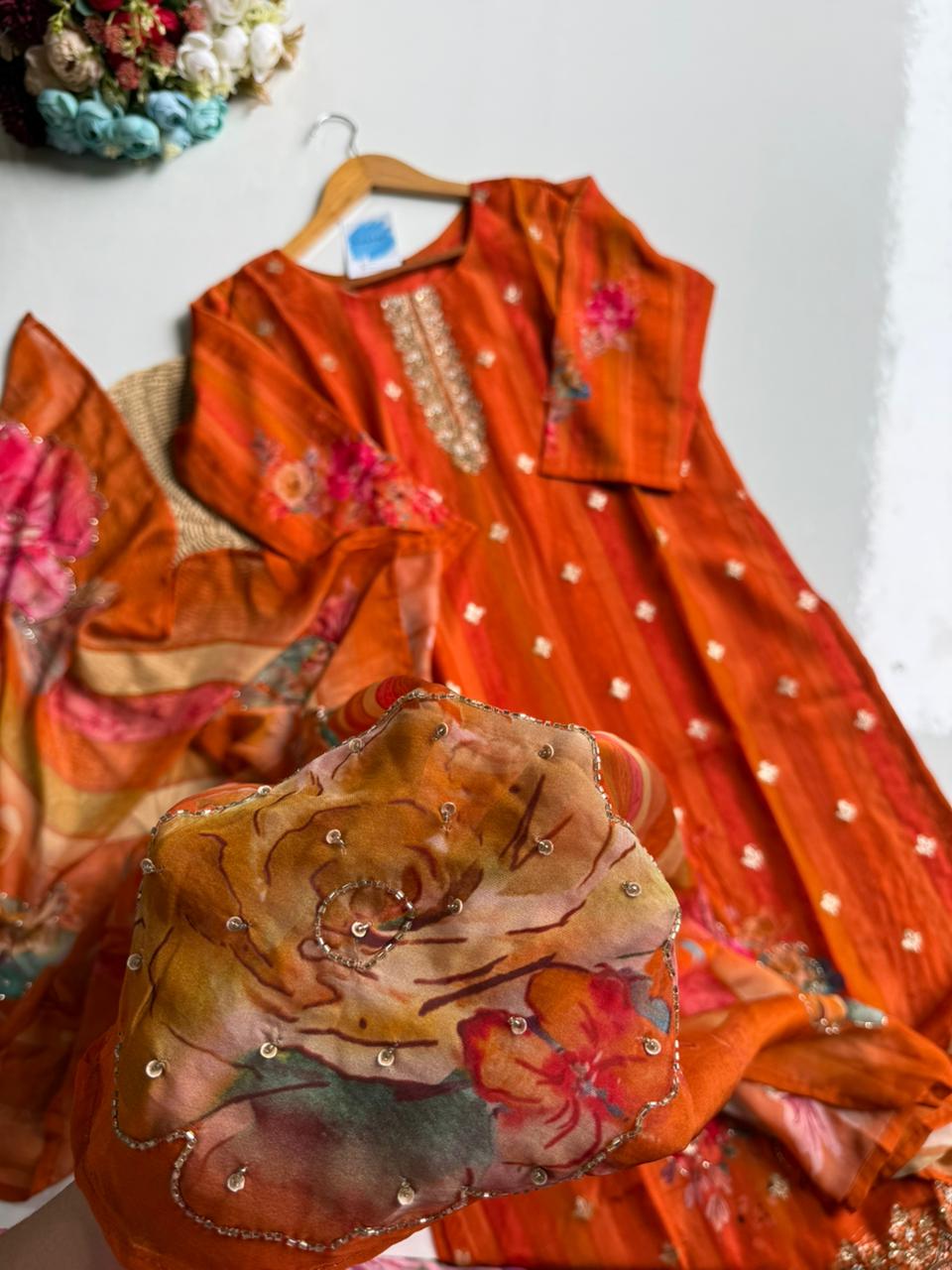 Vibrant Orange Silk Blend Suit Set