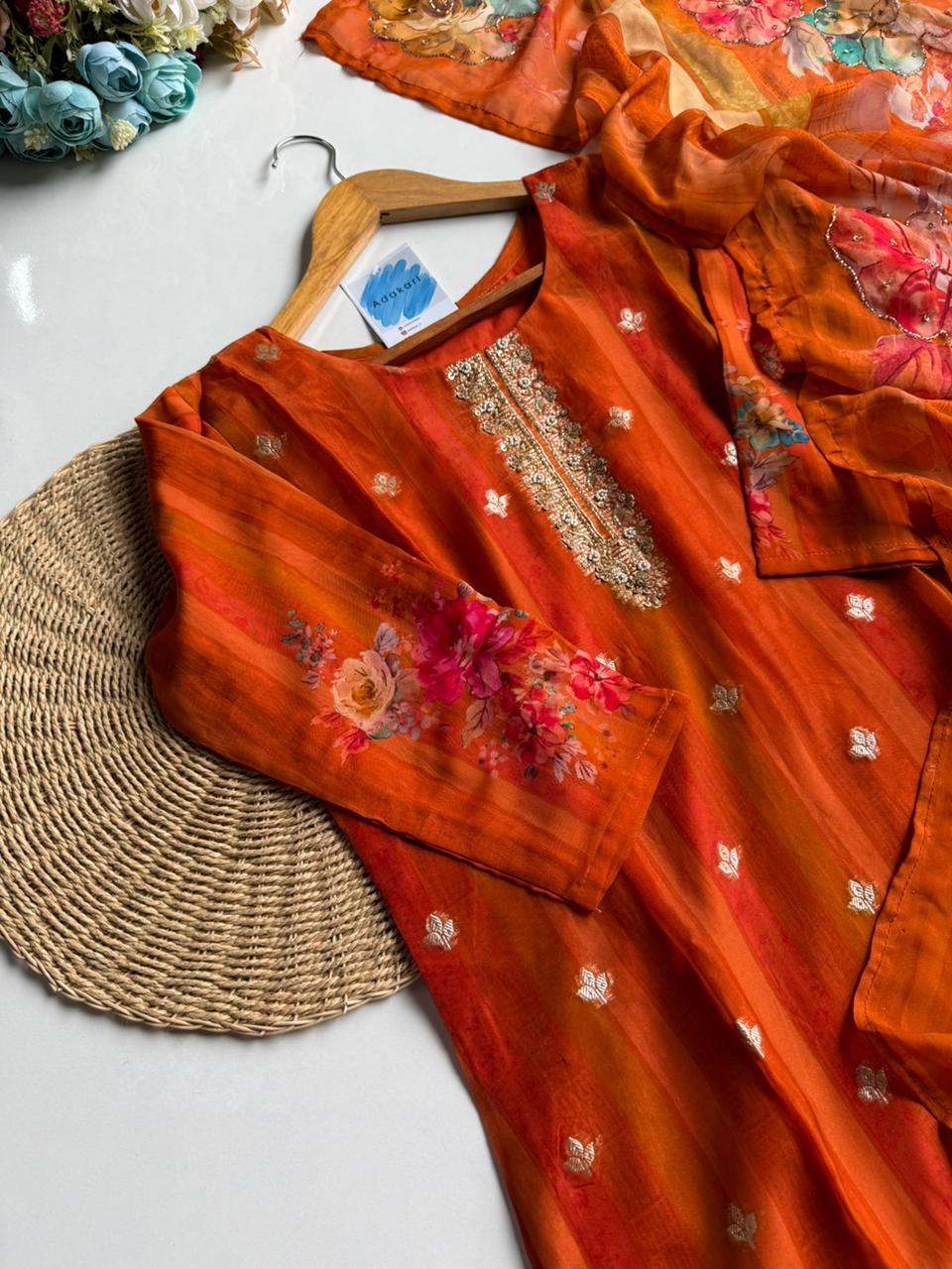 Vibrant Orange Silk Blend Suit Set
