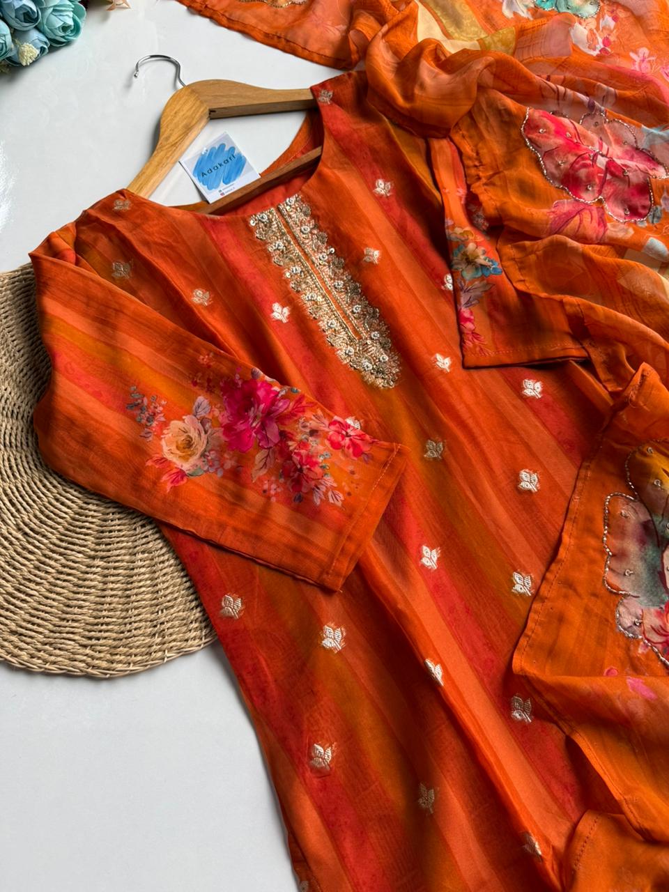 Vibrant Orange Silk Blend Suit Set