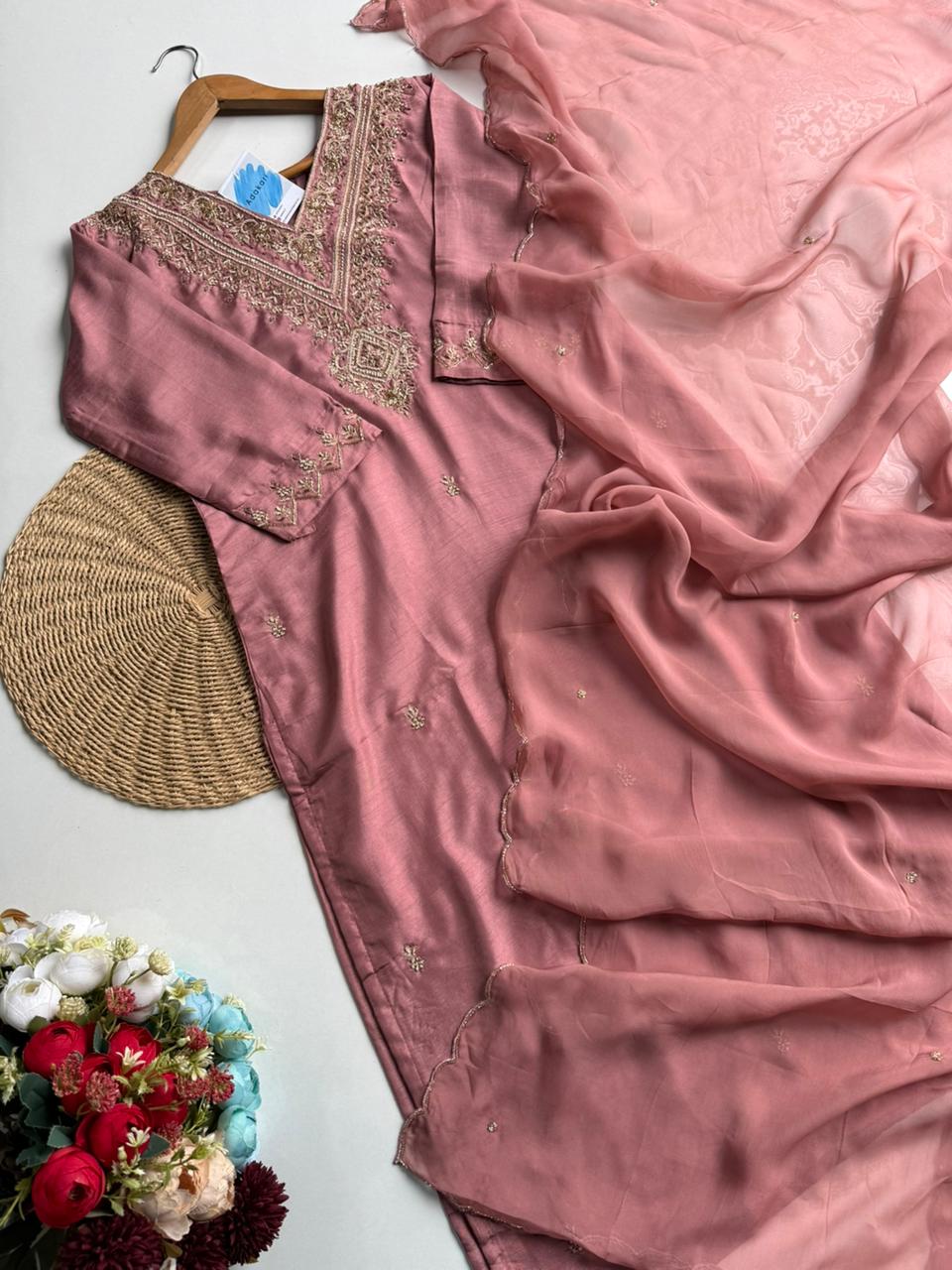 Elegant Rose Gold Embroidered Chanderi Silk Suit Set