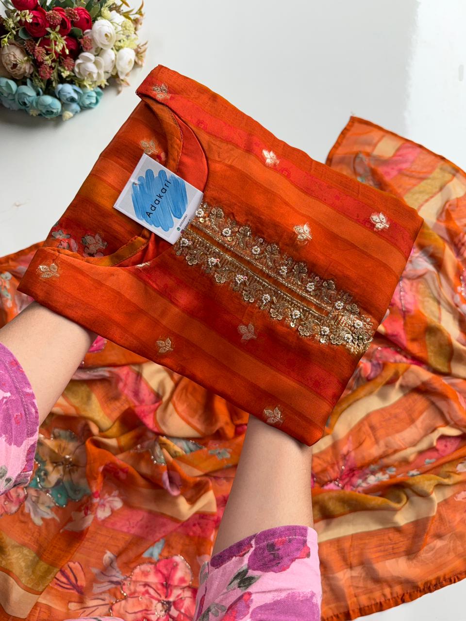 Vibrant Orange Silk Blend Suit Set