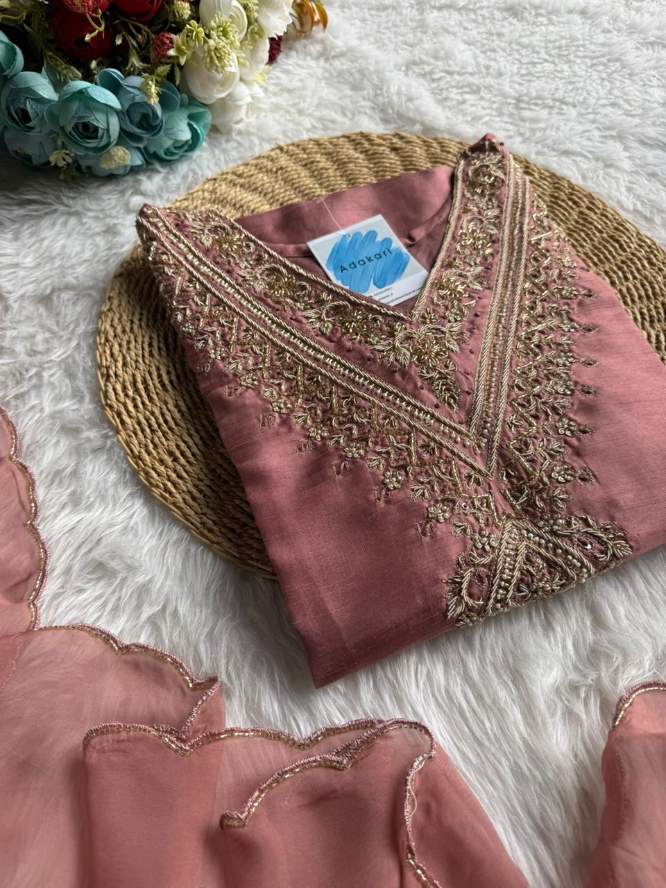 Elegant Rose Gold Embroidered Chanderi Silk Suit Set
