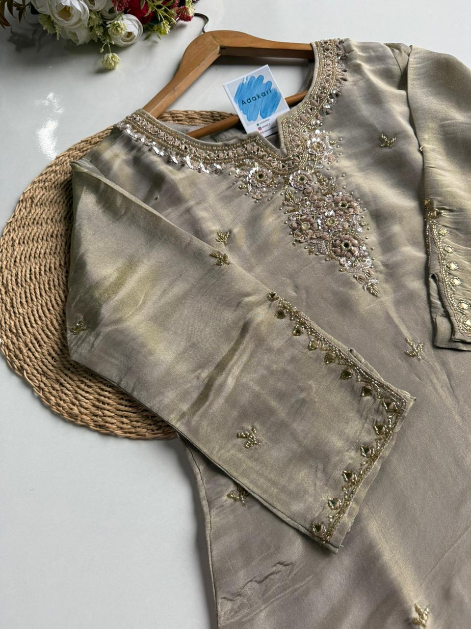 Adaakari Gold Zari Embroidered Silk Suit Set
