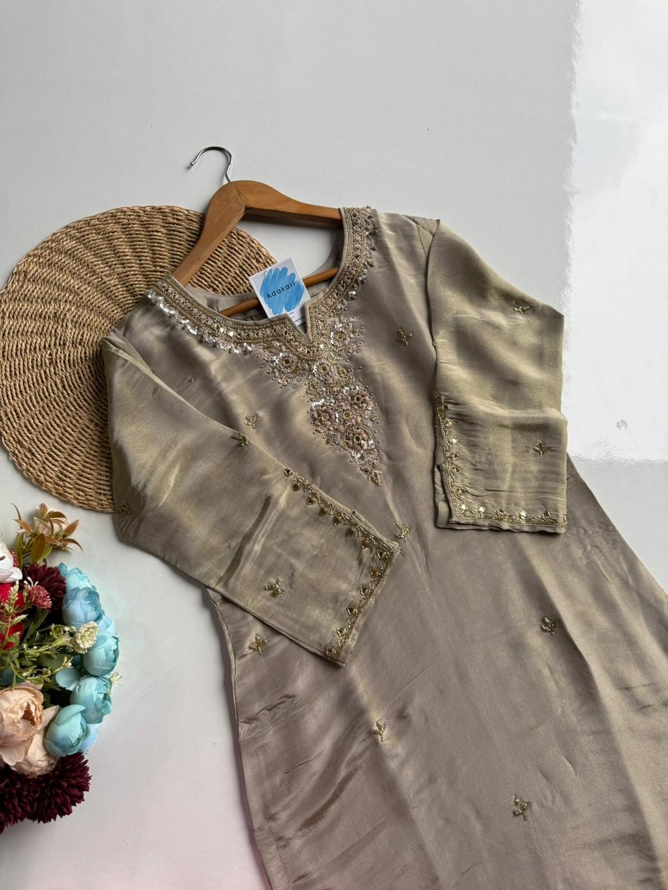 Adaakari Gold Zari Embroidered Silk Suit Set