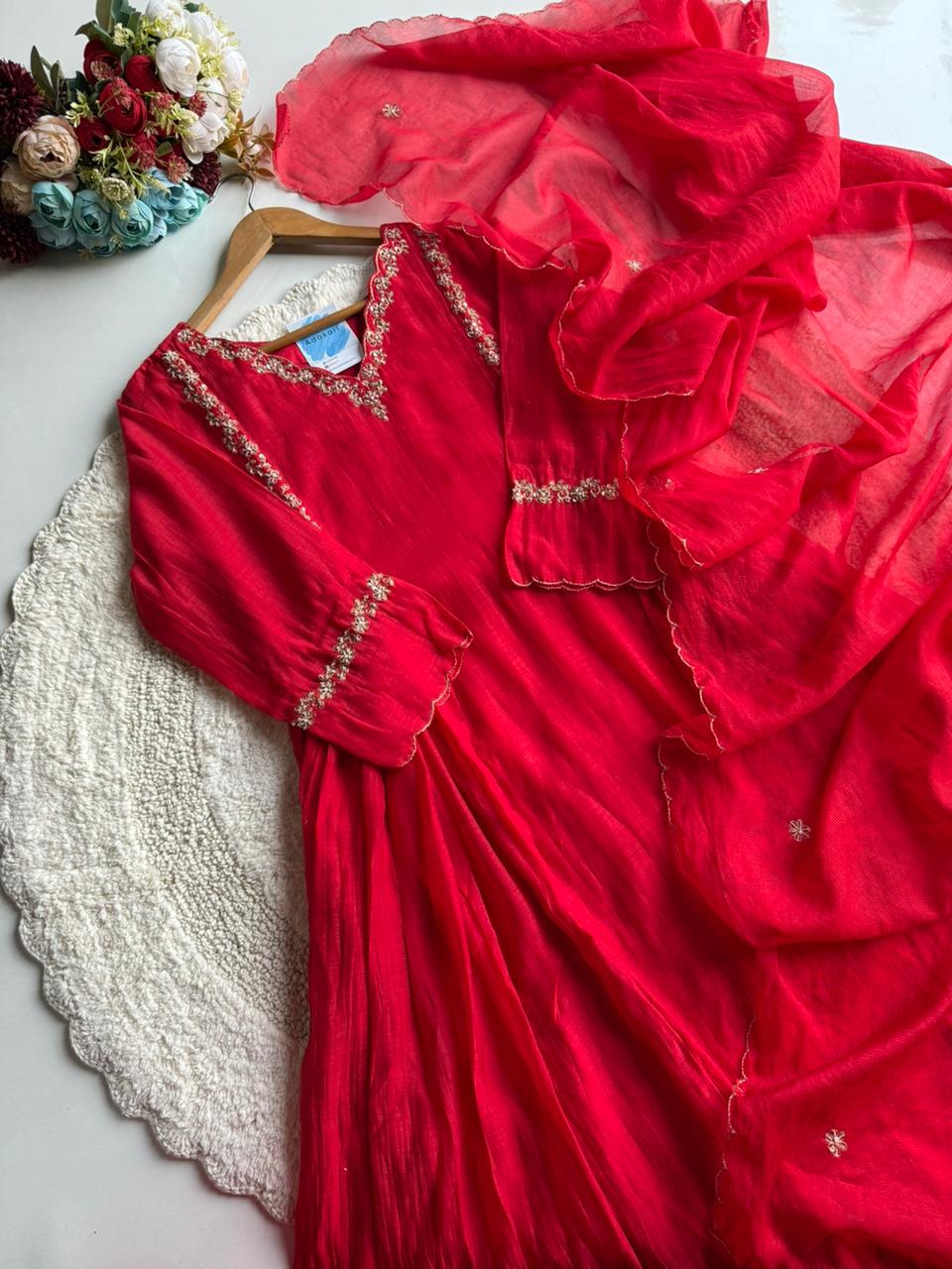 PRASANNA MUL ✨ Festive Red Mul chanderi Suit with Gold Work