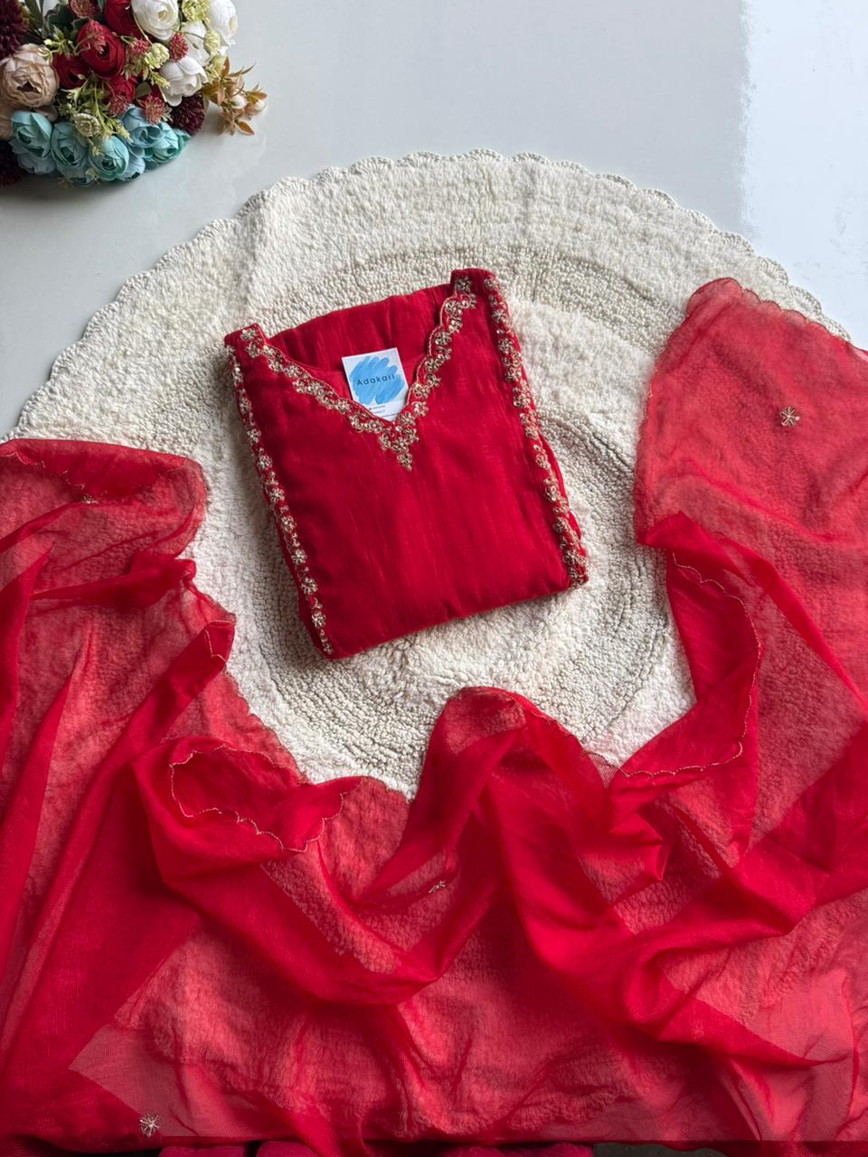PRASANNA MUL ✨ Festive Red Mul chanderi Suit with Gold Work