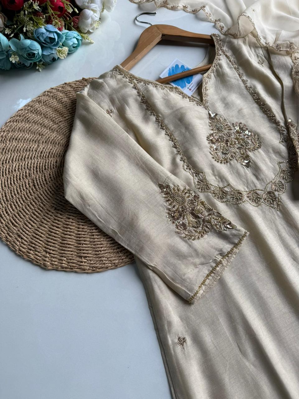 Elegant Ivory/Cream Silk Blend Suit Set