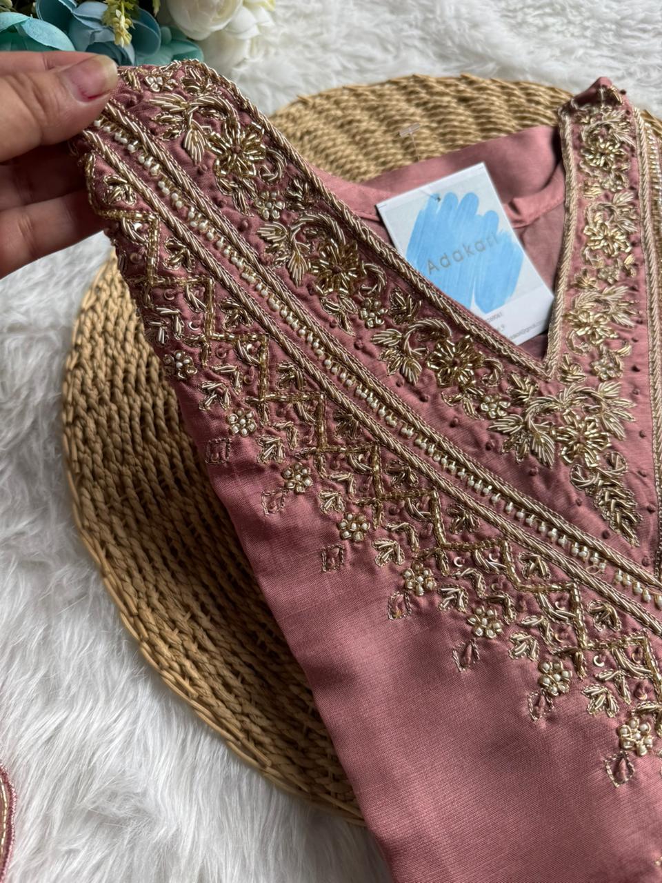 Elegant Rose Gold Embroidered Chanderi Silk Suit Set