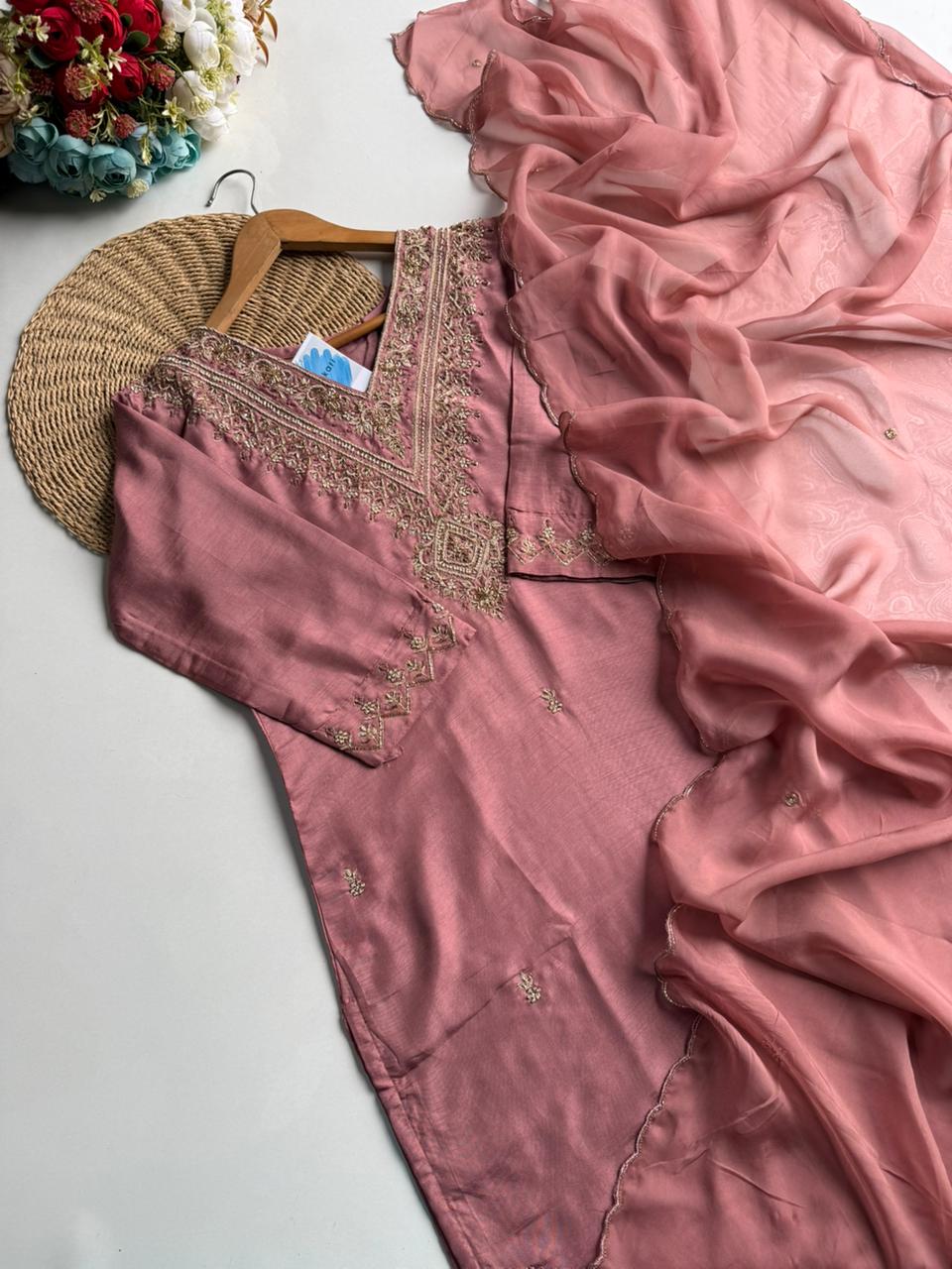 Elegant Rose Gold Embroidered Chanderi Silk Suit Set