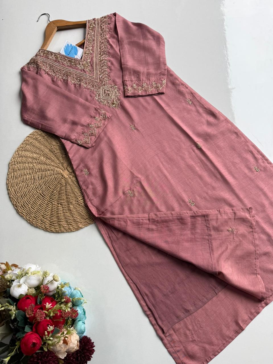 Elegant Rose Gold Embroidered Chanderi Silk Suit Set