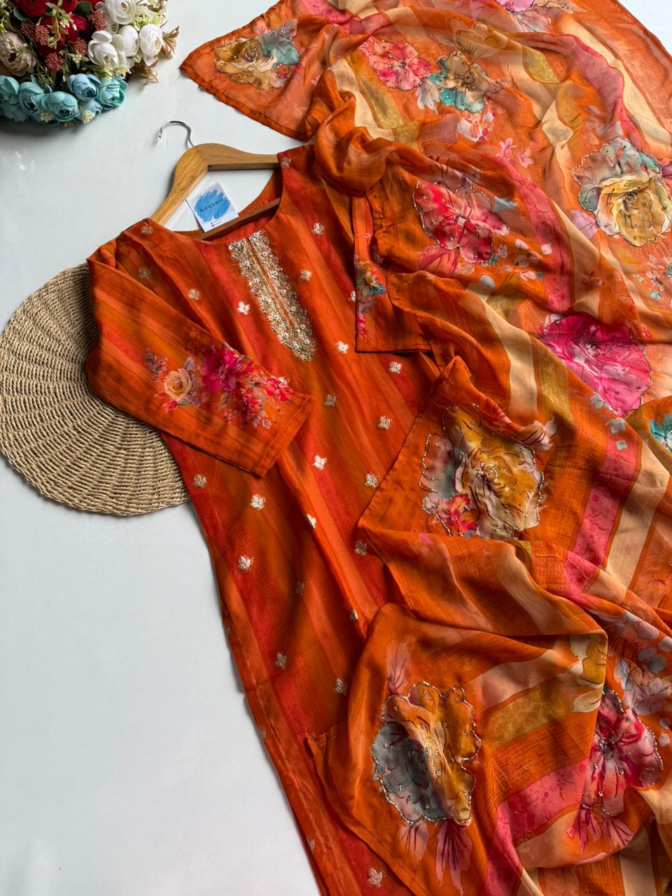 Vibrant Orange Silk Blend Suit Set