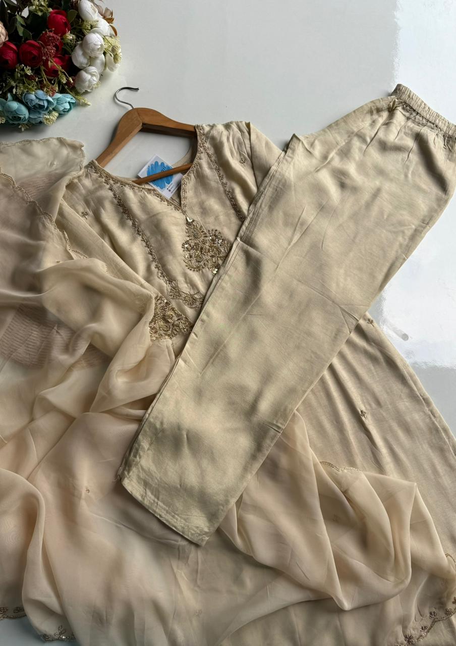 Elegant Ivory/Cream Silk Blend Suit Set