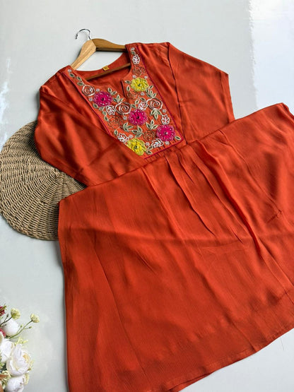 Vibrant Orange Floral Embroidered Suit Set