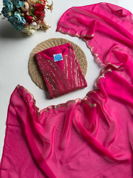 Vibrant Rani Pink Sequin Embroidered Suit Set