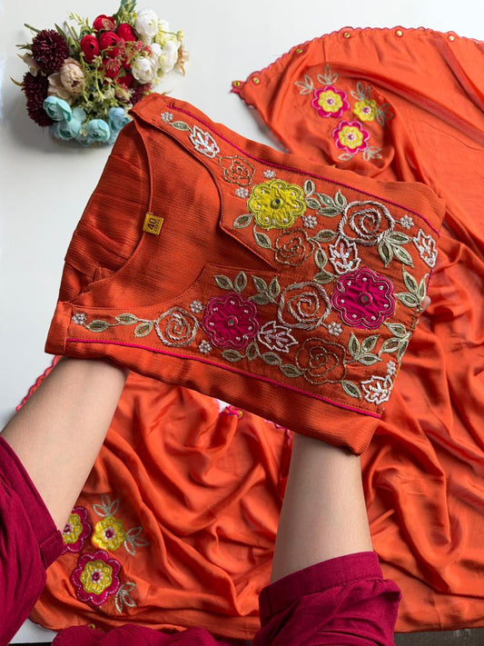Vibrant Orange Floral Embroidered Suit Set