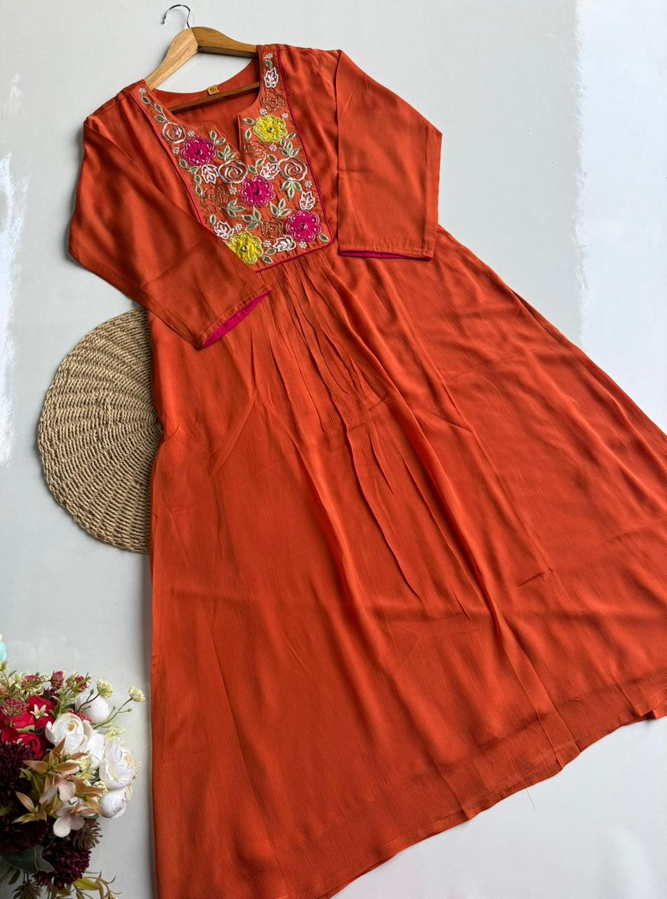 Vibrant Orange Floral Embroidered Suit Set