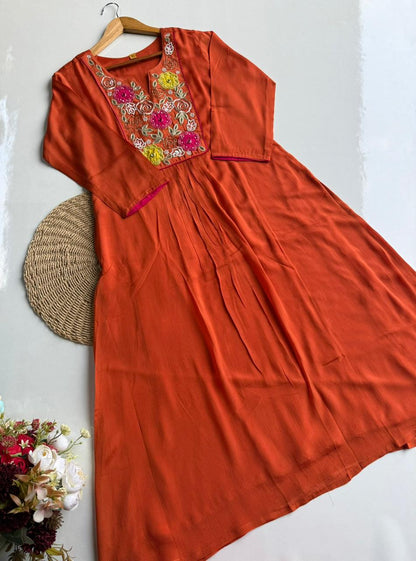 Vibrant Orange Floral Embroidered Suit Set