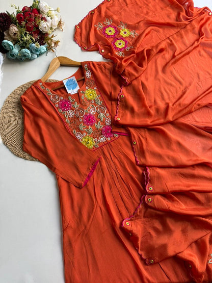 Vibrant Orange Floral Embroidered Suit Set