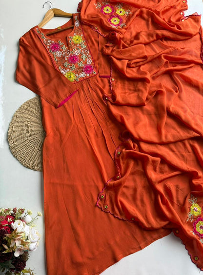 Vibrant Orange Floral Embroidered Suit Set