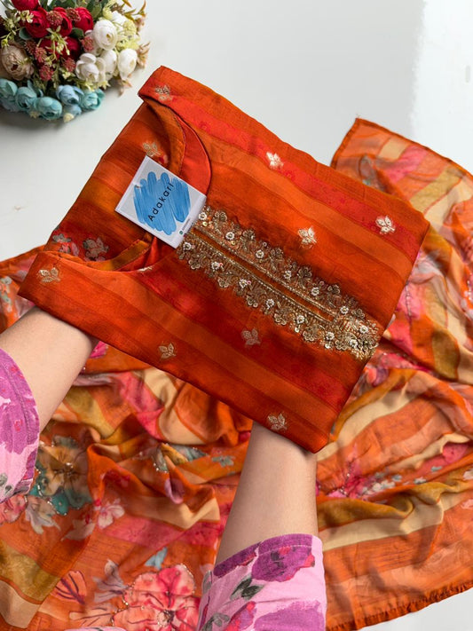 Vibrant Orange Silk Blend Suit Set