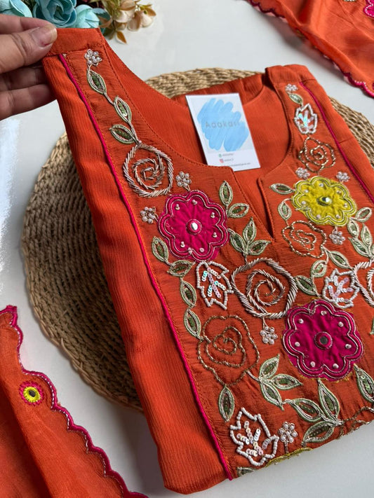 Vibrant Orange Floral Embroidered Suit Set