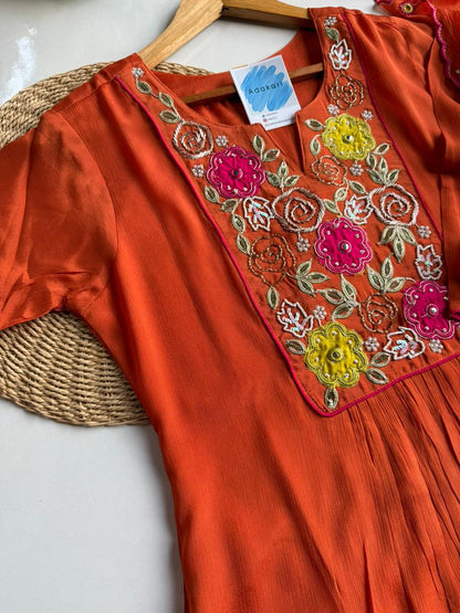 Vibrant Orange Floral Embroidered Suit Set